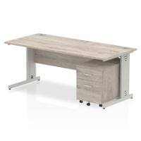 Dynamic Impulse 1800mm x 800mm Straight Desk Grey Oak Top Silver Cable Managed Leg with 2 Drawer Mobile Pedestal I003218