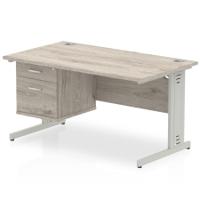 Dynamic Impulse 1400 x 800mm Straight Desk Grey Oak Top Silver Cable Managed Leg with 1 x 2 Drawer Fixed Pedestal I003456