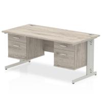 Impulse 1600 x 800mm Straight Office Desk Grey Oak Top Silver Cable Managed Leg Workstation 2 x 2 Drawer Fixed Pedestal