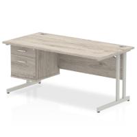 Dynamic Impulse W1600 x D800 x H730mm Straight Office Desk Cantilever Leg With 1 x 2 Drawer Fixed Pedestal Grey Oak Finish Silver Frame - I003486