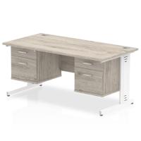 Impulse 1600 x 800mm Straight Office Desk Grey Oak Top White Cable Managed Leg Workstation 2 x 2 Drawer Fixed Pedestal