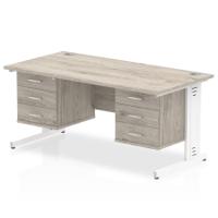 Impulse 1600 x 800mm Straight Office Desk Grey Oak Top White Cable Managed Leg Workstation 2 x 3 Drawer Fixed Pedestal