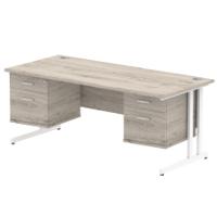 Dynamic Impulse W1800 x D800 x H730mm Straight Office Desk Cantilever Leg With 2x2 Drawer Double Fixed Pedestal Grey Oak Finish White Frame - I003523