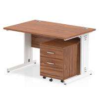Impulse 1200 x 800mm Straight Office Desk Walnut Top White Cable Managed Leg Workstation 2 Drawer Mobile Pedestal