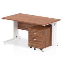 Impulse 1400 x 800mm Straight Office Desk Walnut Top White Cable Managed Leg Workstation 2 Drawer Mobile Pedestal