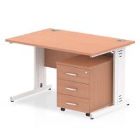 Impulse 1200 x 800mm Straight Office Desk Beech Top White Cable Managed Leg Workstation 3 Drawer Mobile Pedestal