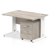 Impulse 1200 x 800mm Straight Office Desk Grey Oak Top White Cable Managed Leg Workstation 3 Drawer Mobile Pedestal