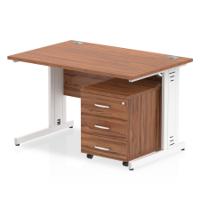 Impulse 1200 x 800mm Straight Office Desk Walnut Top White Cable Managed Leg Workstation 3 Drawer Mobile Pedestal