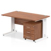 Impulse 1400 x 800mm Straight Office Desk Walnut Top White Cable Managed Leg Workstation 3 Drawer Mobile Pedestal
