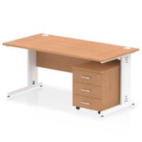 Impulse 1600 x 800mm Straight Office Desk Oak Top White Cable Managed Leg Workstation 3 Drawer Mobile Pedestal
