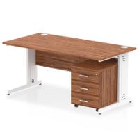 Impulse 1600 x 800mm Straight Office Desk Walnut Top White Cable Managed Leg Workstation 3 Drawer Mobile Pedestal