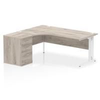 Impulse 1800mm Left Crescent Office Desk Grey Oak Top White Cable Managed Leg Workstation 600 Deep Desk High Pedestal