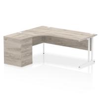Impulse 1800mm Left Crescent Office Desk Grey Oak Top White Cantilever Leg Workstation 600 Deep Desk High Pedestal