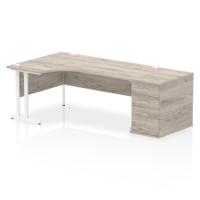 Impulse 1800mm Left Crescent Office Desk Grey Oak Top White Cantilever Leg Workstation 800 Deep Desk High Pedestal