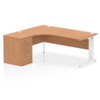 Impulse 1800mm Left Crescent Office Desk Oak Top White Cable Managed Leg Workstation 600 Deep Desk High Pedestal