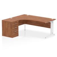 Impulse 1800mm Left Crescent Office Desk Walnut Top White Cable Managed Leg Workstation 600 Deep Desk High Pedestal