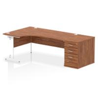 Impulse 1800mm Left Crescent Office Desk Walnut Top White Cable Managed Leg Workstation 800 Deep Desk High Pedestal