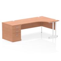 Impulse 1800mm Right Crescent Office Desk Beech Top White Cantilever Leg Workstation 800 Deep Desk High Pedestal