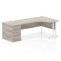 Impulse 1800mm Right Crescent Office Desk Grey Oak Top White Cantilever Leg Workstation 800 Deep Desk High Pedestal