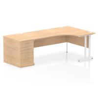 Impulse 1800mm Right Crescent Office Desk Maple Top White Cantilever Leg Workstation 800 Deep Desk High Pedestal