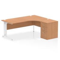Impulse 1800mm Right Crescent Office Desk Oak Top White Cable Managed Leg Workstation 600 Deep Desk High Pedestal