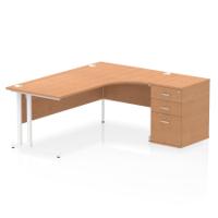 Impulse 1800mm Right Crescent Office Desk Oak Top White Cantilever Leg Workstation 600 Deep Desk High Pedestal