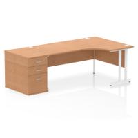 Impulse 1800mm Right Crescent Office Desk Oak Top White Cantilever Leg Workstation 800 Deep Desk High Pedestal