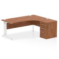 Impulse 1800mm Right Crescent Office Desk Walnut Top White Cable Managed Leg Workstation 600 Deep Desk High Pedestal