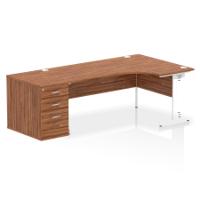 Impulse 1800mm Right Crescent Office Desk Walnut Top White Cable Managed Leg Workstation 800 Deep Desk High Pedestal