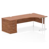 Impulse 1800mm Right Crescent Office Desk Walnut Top White Cantilever Leg Workstation 800 Deep Desk High Pedestal