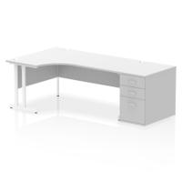 Impulse 1800mm Left Crescent Office Desk White Top White Cantilever Leg Workstation 800 Deep Desk High Pedestal