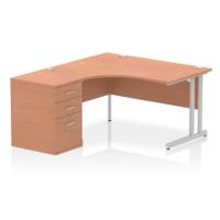 Impulse 1400mm Left Crescent Office Desk Beech Top Silver Cantilever Leg Workstation 600 Deep Desk High Pedestal