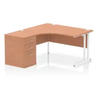 Impulse Cantilever Left Crescent Office Desk W1400 x D1200 x H730mm Beech Finish White Frame With 600mm Deep Desk High Pedestal - I004246