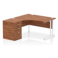 Impulse 1400mm Left Crescent Office Desk Walnut Top White Cantilever Leg Workstation 600 Deep Desk High Pedestal