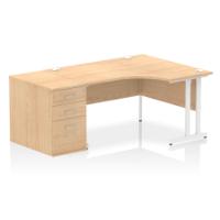 Impulse 1400mm Right Crescent Office Desk Maple Top White Cantilever Leg Workstation 800 Deep Desk High Pedestal