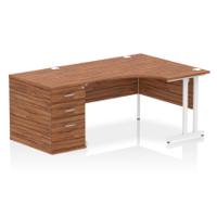 Impulse 1400mm Right Crescent Office Desk Walnut Top White Cantilever Leg Workstation 800 Deep Desk High Pedestal