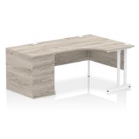 Impulse 1400mm Right Crescent Office Desk Grey Oak Top White Cantilever Leg Workstation 800 Deep Desk High Pedestal