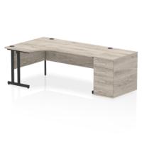 Impulse 1800mm Left Crescent Office Desk Grey Oak Top Black Cantilever Leg Workstation 800 Deep Desk High Pedestal