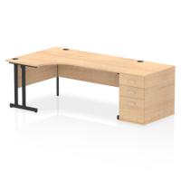Impulse 1800mm Left Crescent Office Desk Maple Top Black Cantilever Leg Workstation 800 Deep Desk High Pedestal