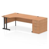 Impulse 1800mm Left Crescent Office Desk Oak Top Black Cantilever Leg Workstation 800 Deep Desk High Pedestal