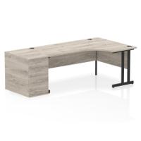 Impulse 1800mm Right Crescent Office Desk Grey Oak Top Black Cantilever Leg Workstation 800 Deep Desk High Pedestal