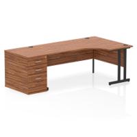 Impulse 1800mm Right Crescent Office Desk Walnut Top Black Cantilever Leg Workstation 800 Deep Desk High Pedestal