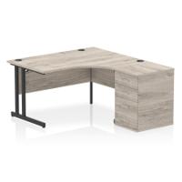 Impulse 1400mm Right Crescent Office Desk Grey Oak Top Black Cantilever Leg Workstation 600 Deep Desk High Pedestal
