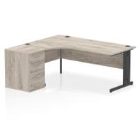 Impulse 1800mm Left Crescent Office Desk Grey Oak Top Black Cable Managed Leg Workstation 600 Deep Desk High Pedestal