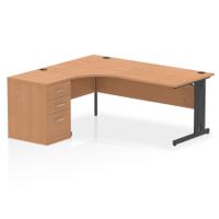 Impulse 1800mm Left Crescent Office Desk Oak Top Black Cable Managed Leg Workstation 600 Deep Desk High Pedestal
