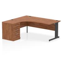 Impulse 1800mm Left Crescent Office Desk Walnut Top Black Cable Managed Leg Workstation 600 Deep Desk High Pedestal