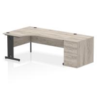 Impulse 1800mm Left Crescent Office Desk Grey Oak Top Black Cable Managed Leg Workstation 800 Deep Desk High Pedestal