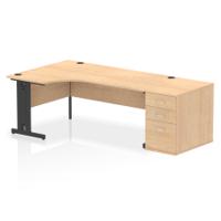 Impulse 1800mm Left Crescent Office Desk Maple Top Black Cable Managed Leg Workstation 800 Deep Desk High Pedestal