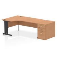 Impulse 1800mm Left Crescent Office Desk Oak Top Black Cable Managed Leg Workstation 800 Deep Desk High Pedestal