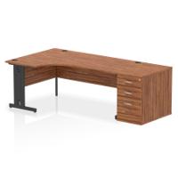 Impulse 1800mm Left Crescent Office Desk Walnut Top Black Cable Managed Leg Workstation 800 Deep Desk High Pedestal